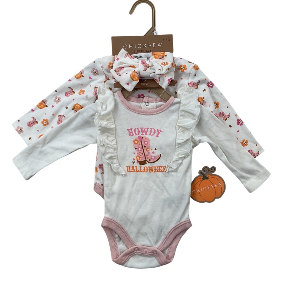 Chickpea Baby Girls 3PC Howdy Halloween Bodysuit Set Cowboy Boot Pink 3-6M NEW
